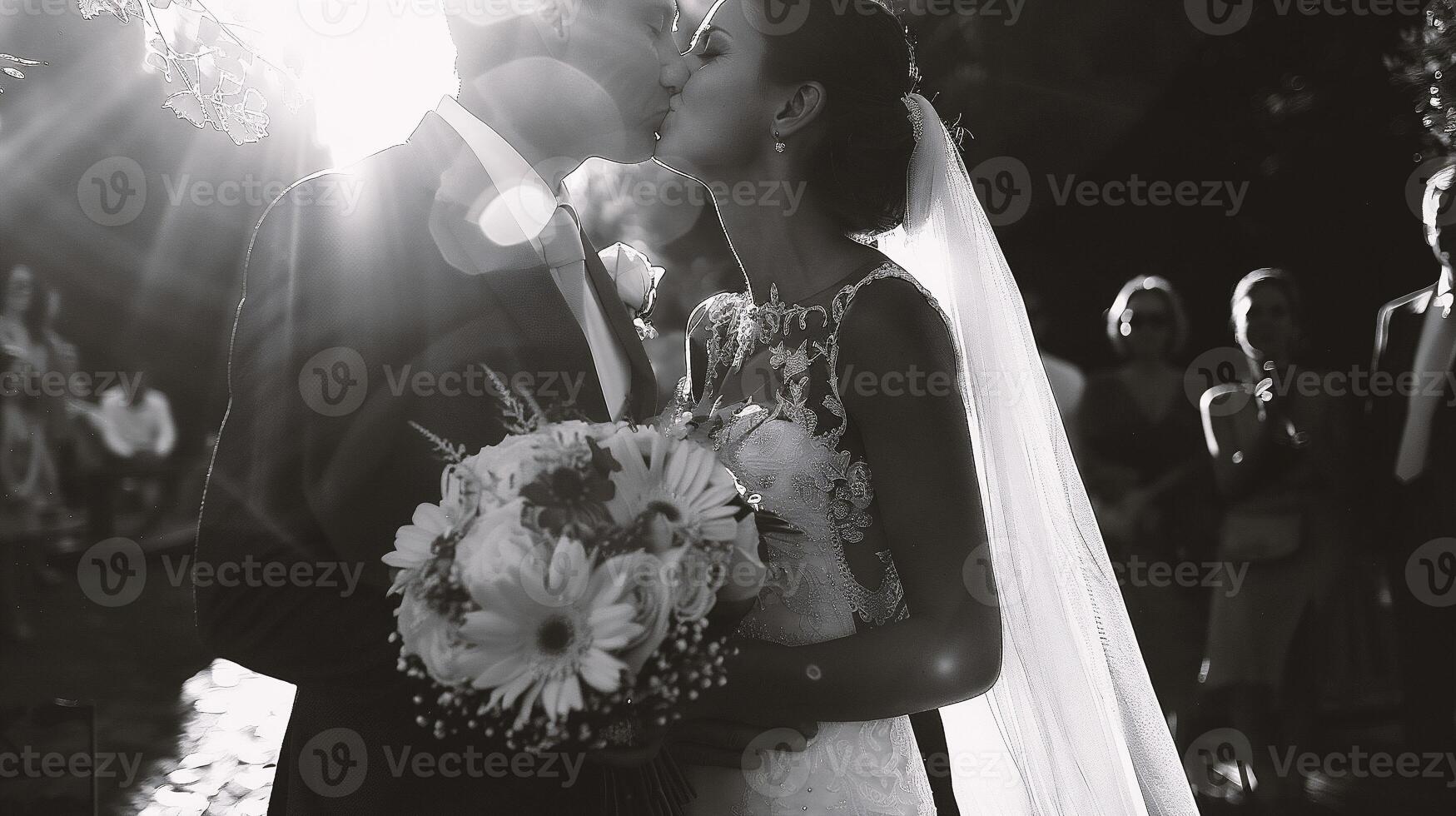 AI generated Bride and groom on their wedding day. Black and white photo. photo