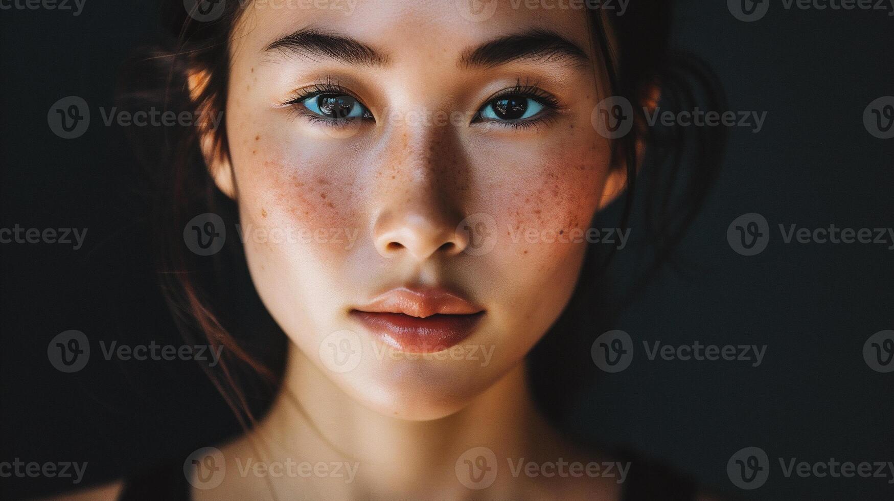AI generated Portrait of a beautiful young woman with freckles on her face photo