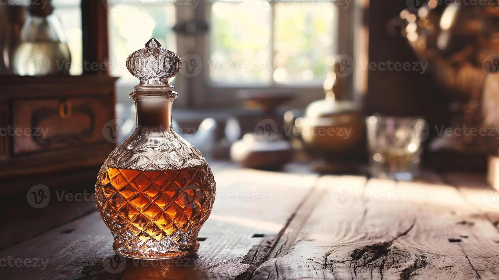 AI generated vintage bottle on wooden table photo