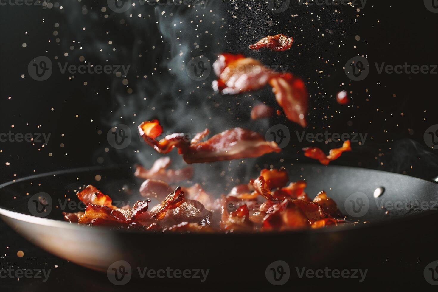 AI generated Frying bacon in a frying pan. Shallow depth of field. photo