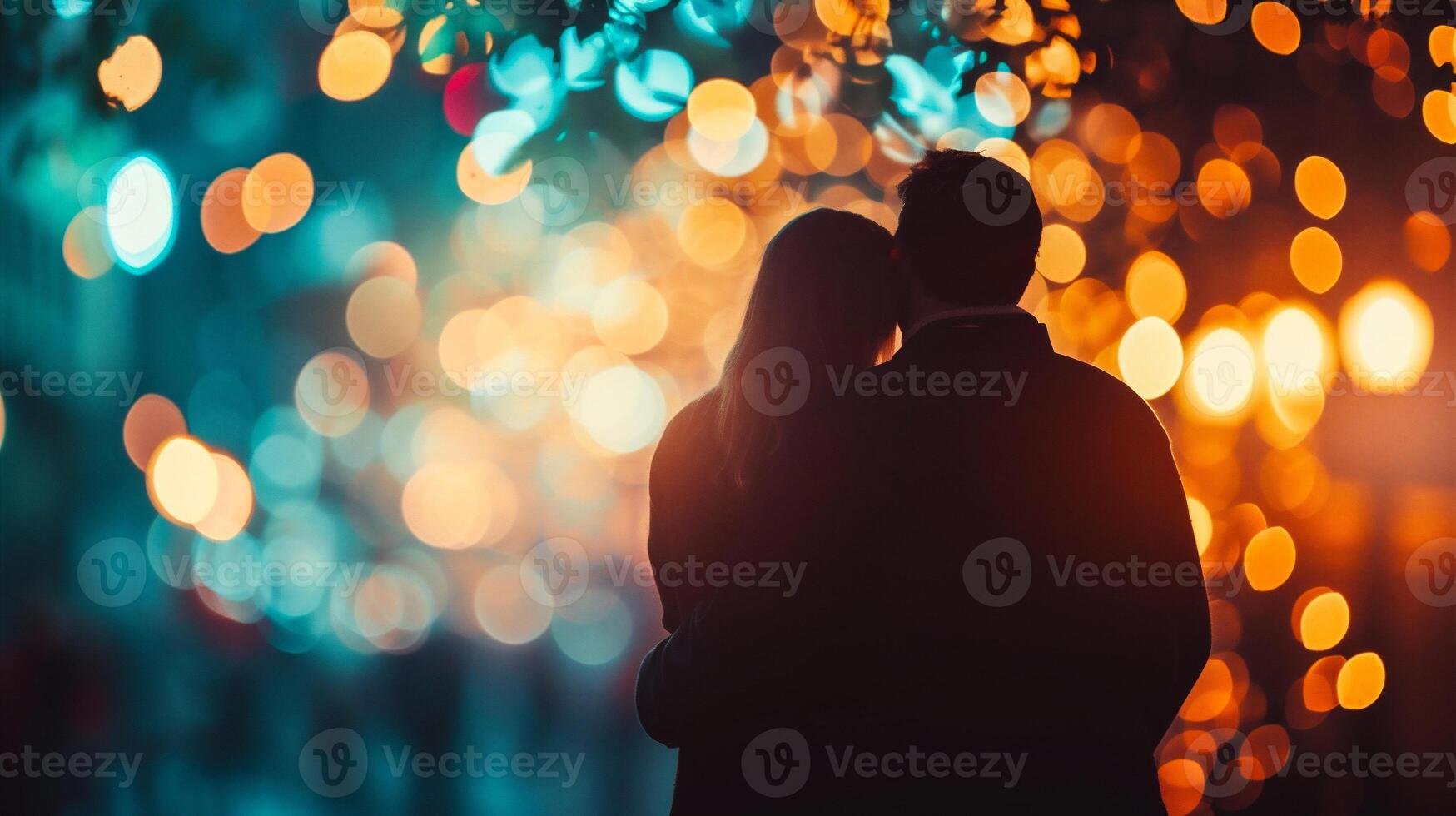 AI generated Silhouette of a loving couple on the background of Christmas lights photo