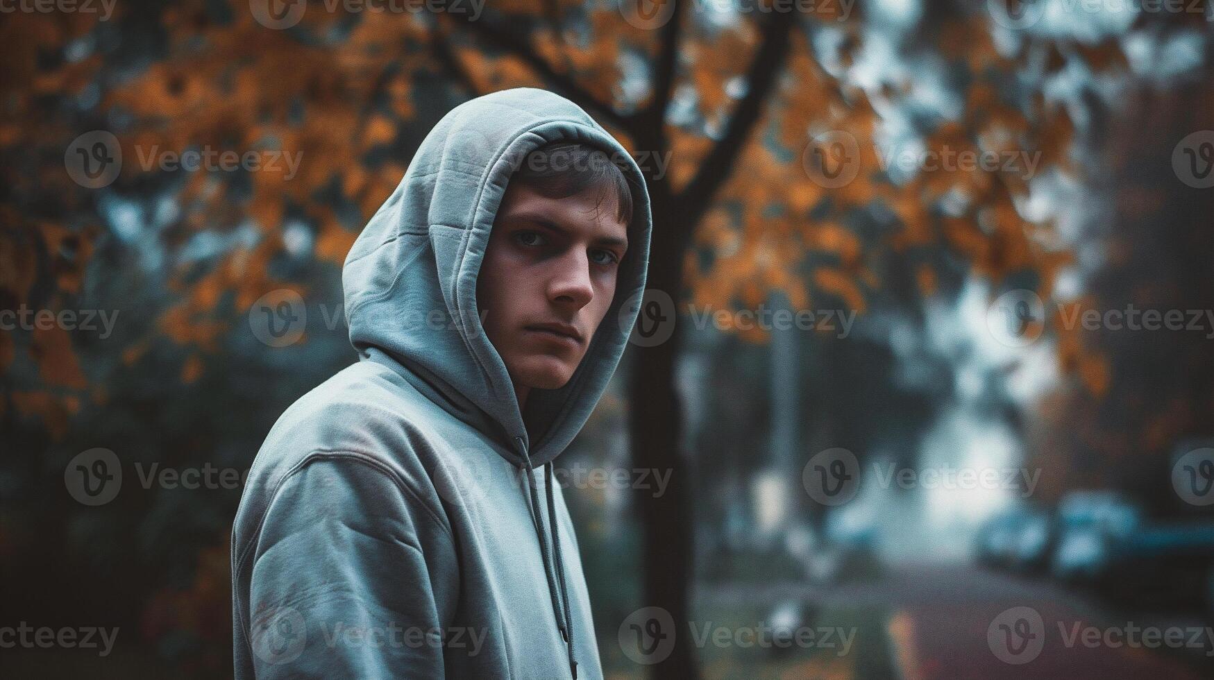 AI generated Portrait of a young man in a gray hoodie in the city photo