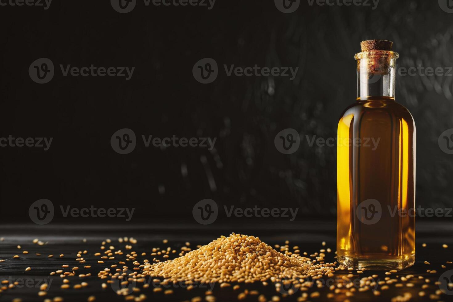 AI generated Sesame oil in a glass bottle with sesame seeds photo