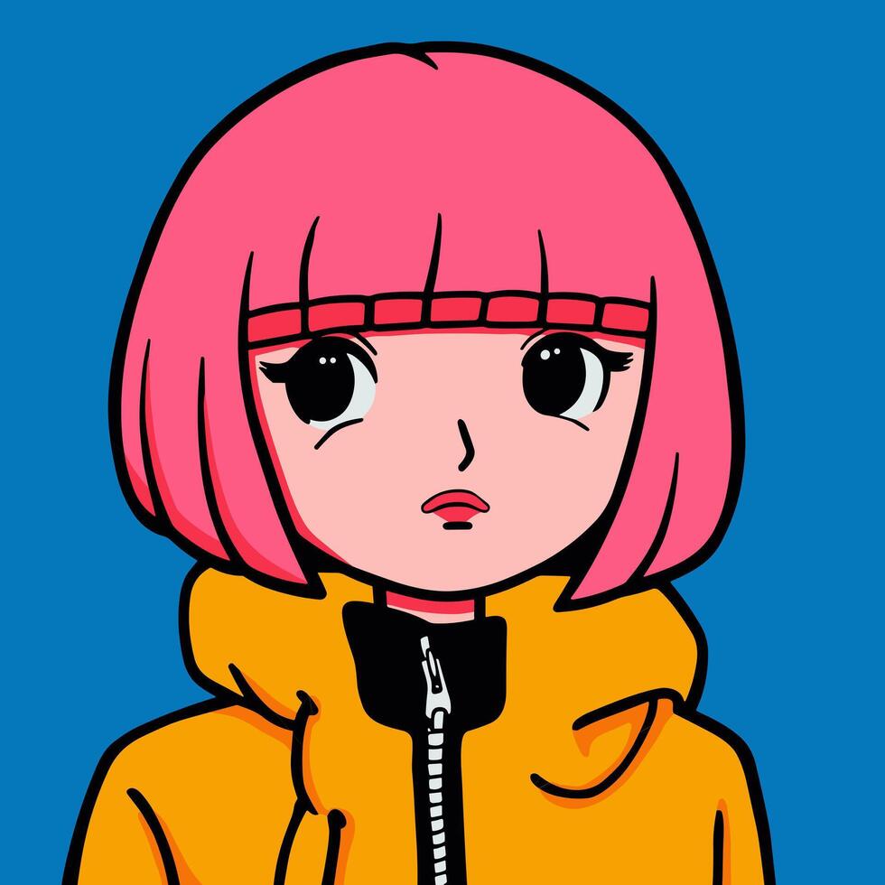 moderno anime niña con rosado pelo y grande ojos aislado en azul antecedentes. dibujos animados linda caracteres. negrita colores. vector ilustración