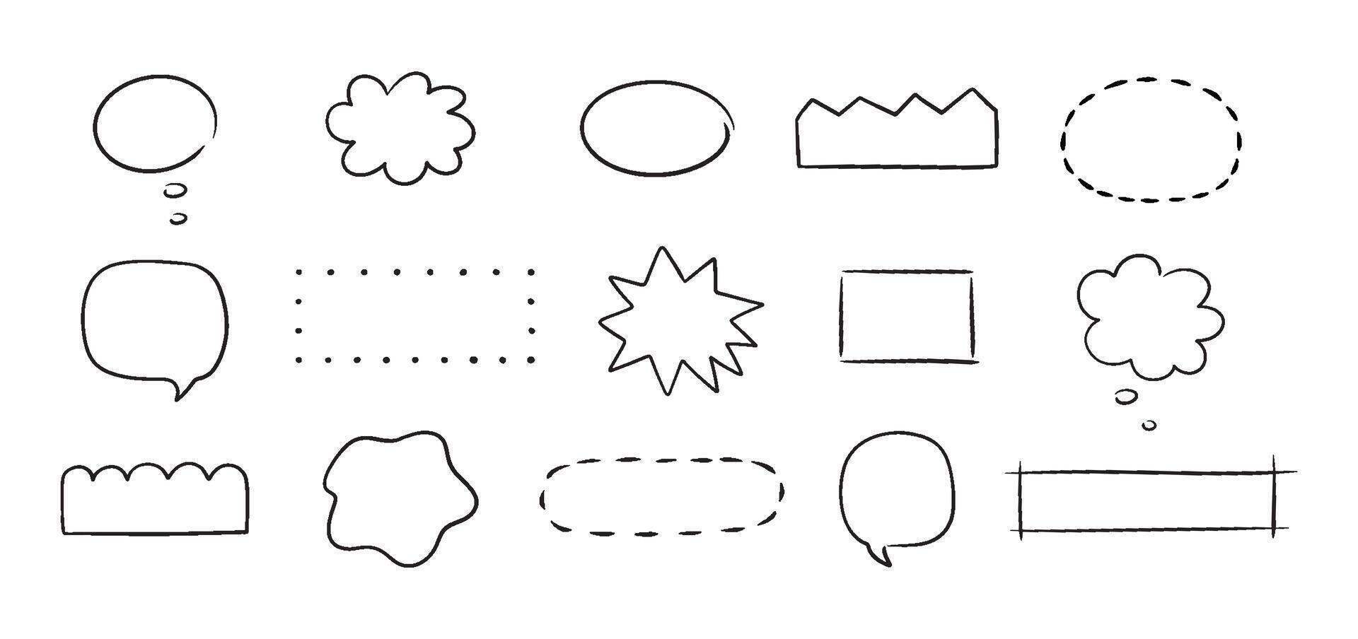 Hand drawn line speech bubble, star, cloud, liquid shape. Cute sketch design elements. Templates for chat and conversation. vector