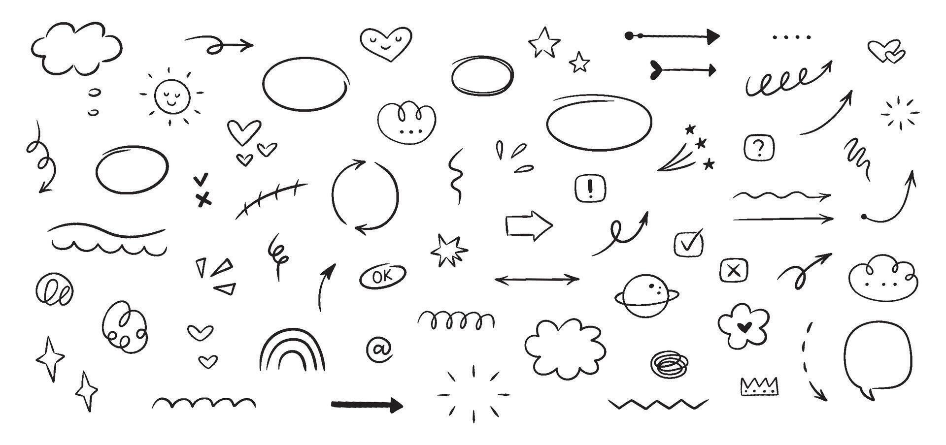 Hand drawn line simple elements, cloud, speech bubbles, underline, emphasis, star, arrow, hearts element. Doodle vector illustration.