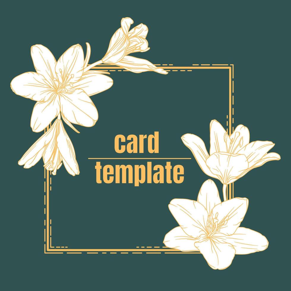 Greeting card with lily flowers and text on green background. vector illustration with floral design elements, decorative vector frames and borders.