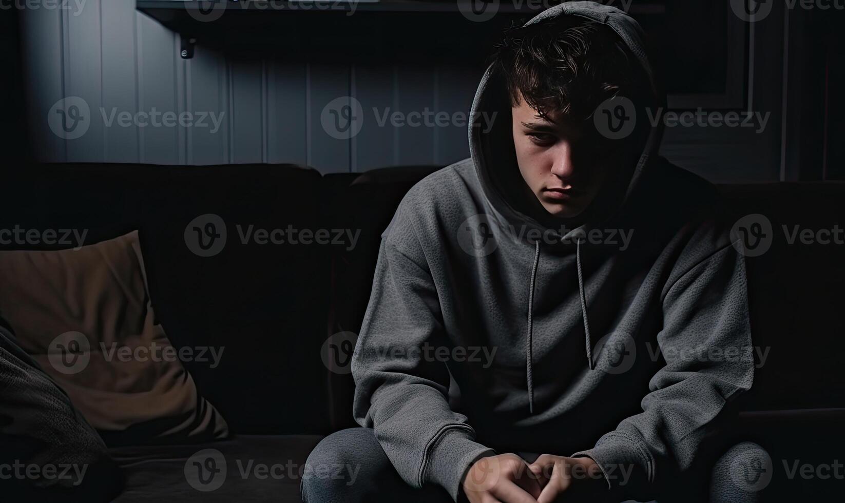 AI generated Man Enjoying Relaxing Time on Cozy Couch in Dimly Lit Living Room photo