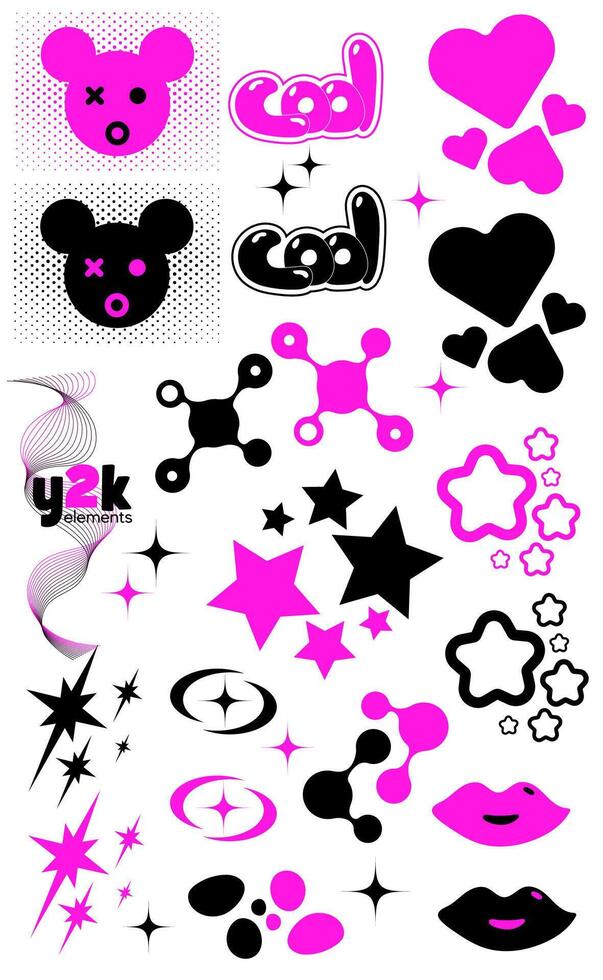 Set of retro futuristic elements. Y2k abstract geometric shapes and objects in pink and black colors vector