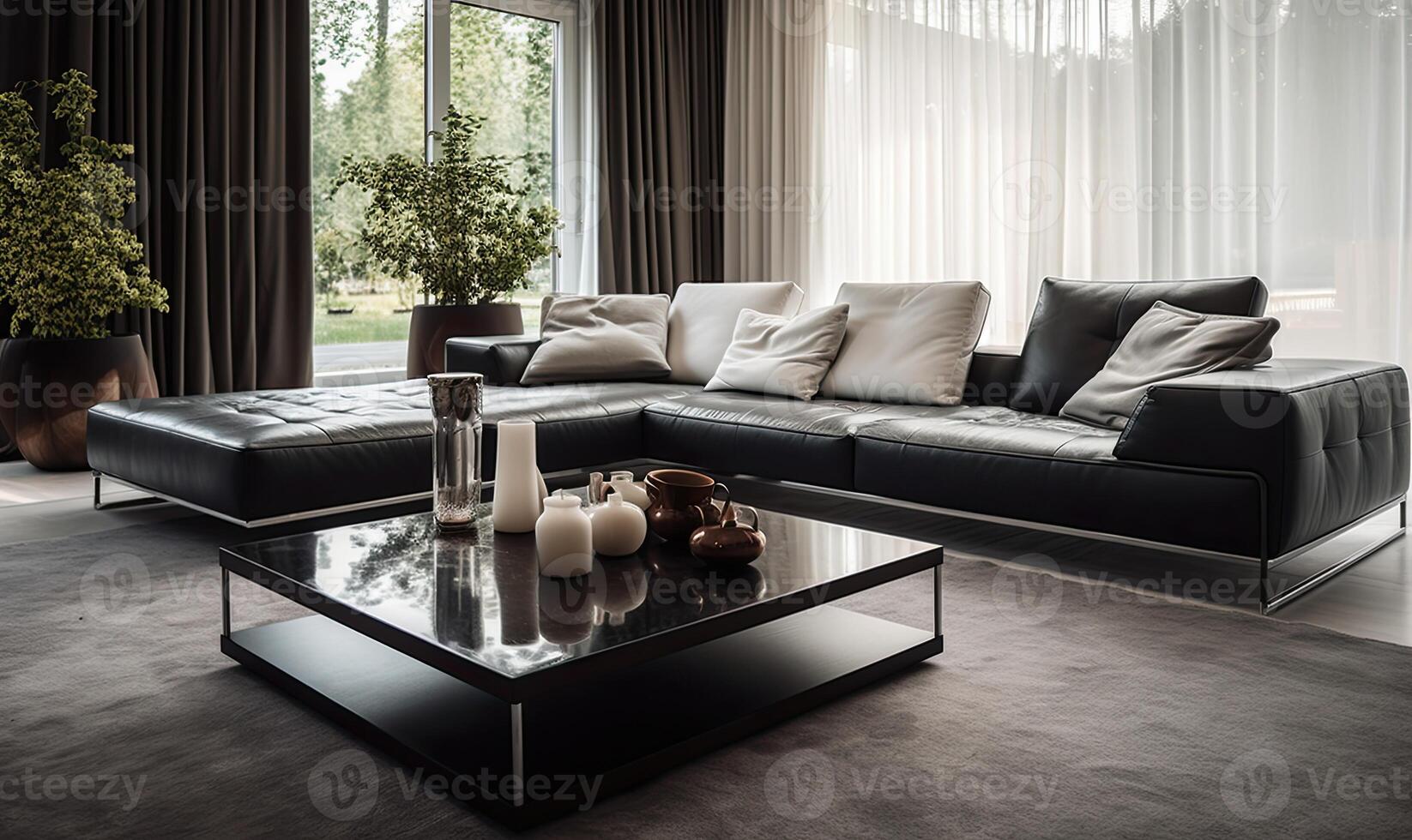 AI generated A Cozy Living Room with a Comfy Couch, Elegant Table, and Stunning Window View photo