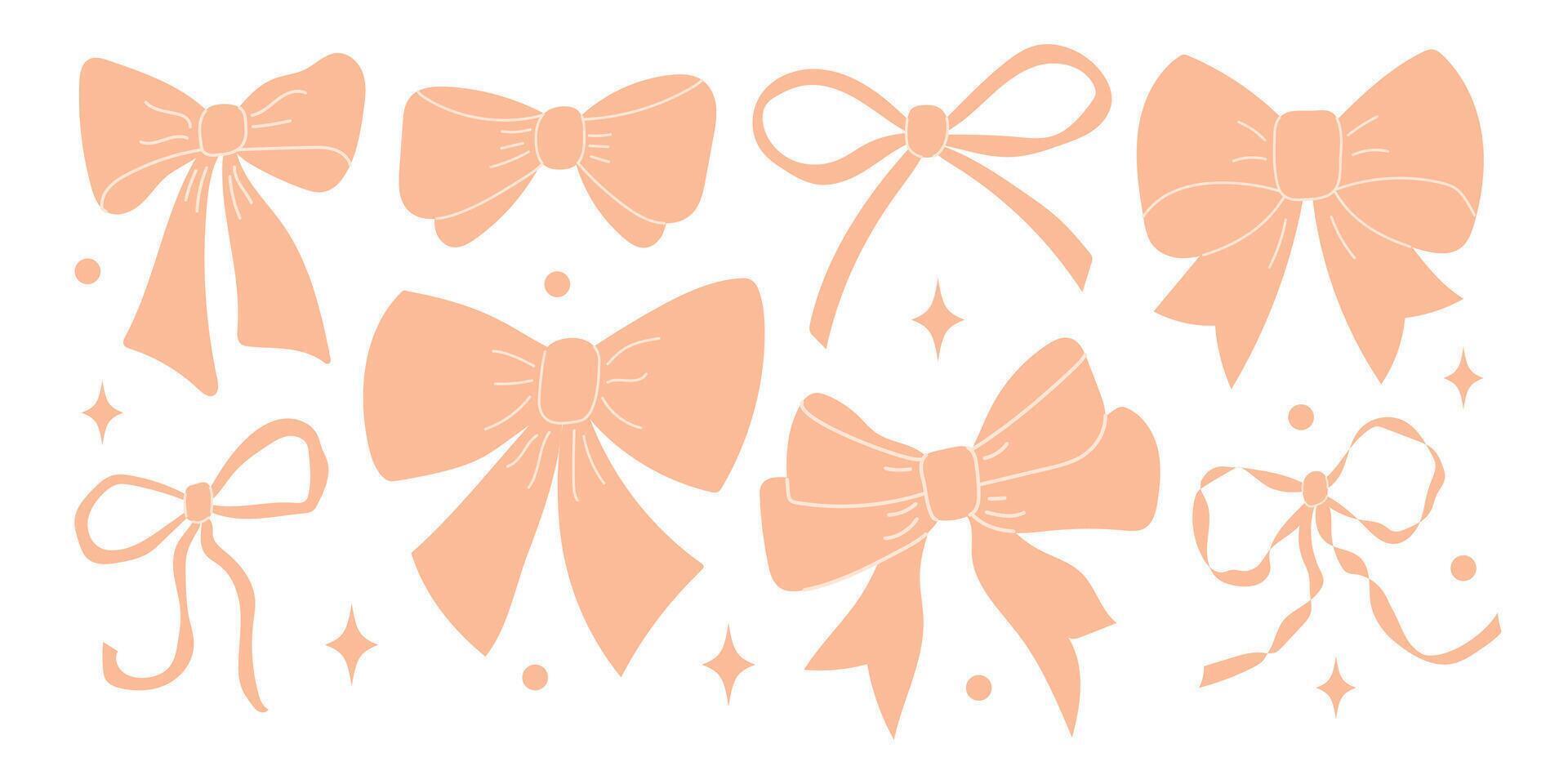 Set of various peach fuzz bow knots, gift ribbons. Trendy hair braiding accessory. vector