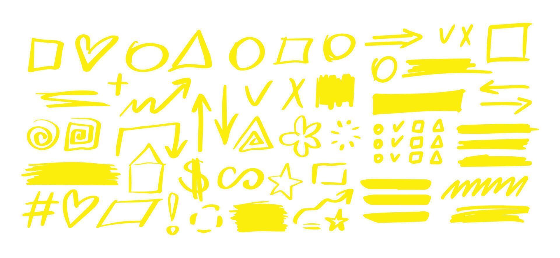 dibujado a mano formas y líneas - real resaltadores amarillo vector conjunto aislado en blanco antecedentes. utilizar para nota, ilustraciones y decoraciones textos, artículos