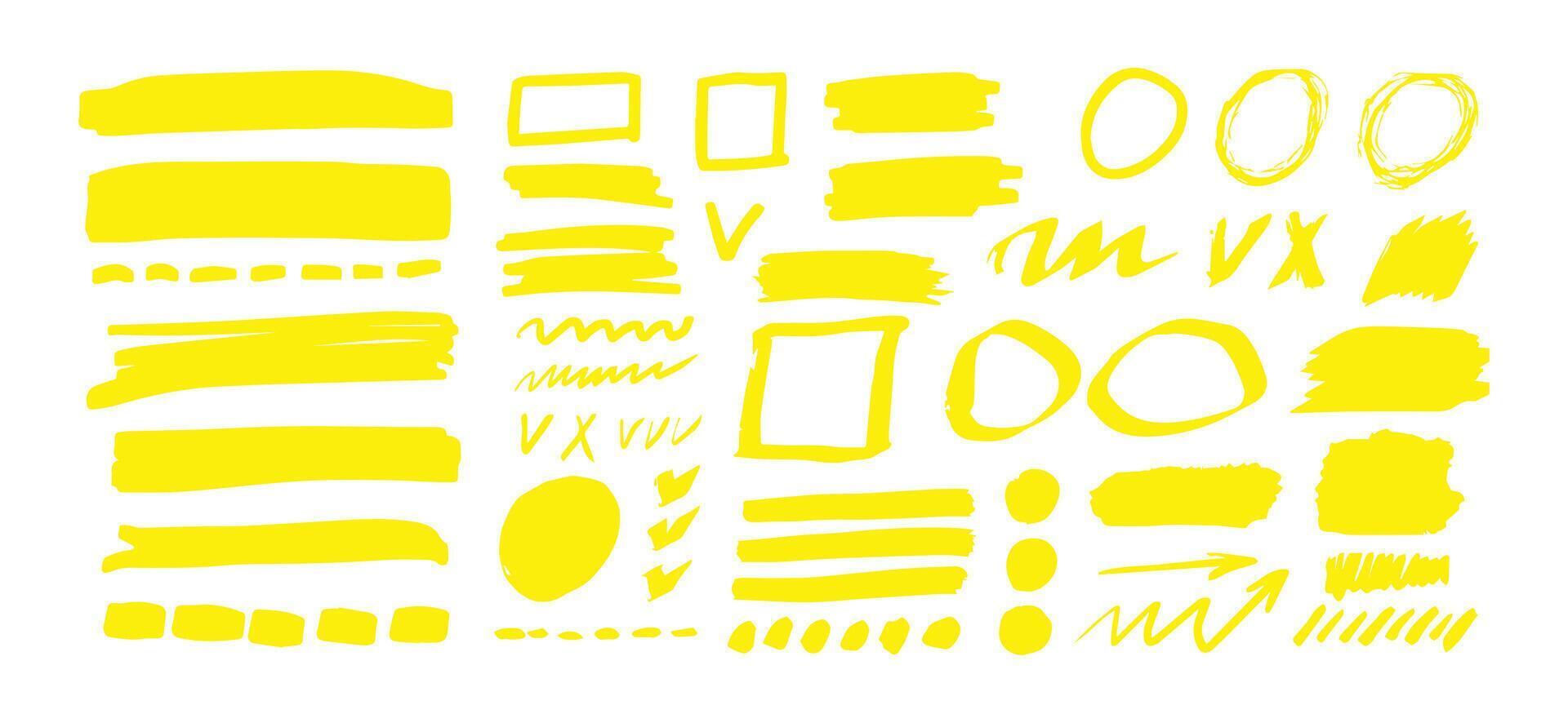 Yellow hand-drawn shapes and lines, highlighters. Vector set.