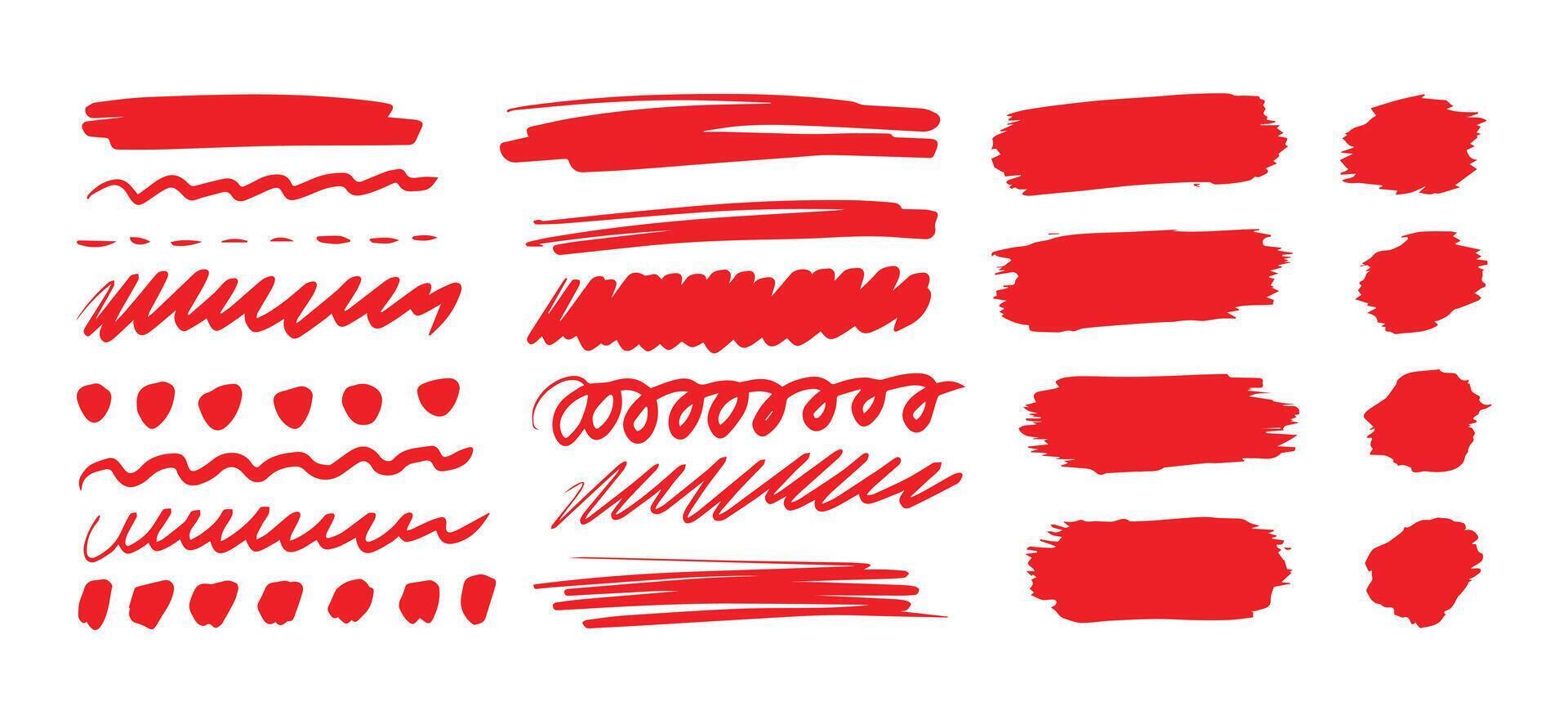 Hand-drawn shapes and lines - real highlighters. Red Vector set isolated on white background