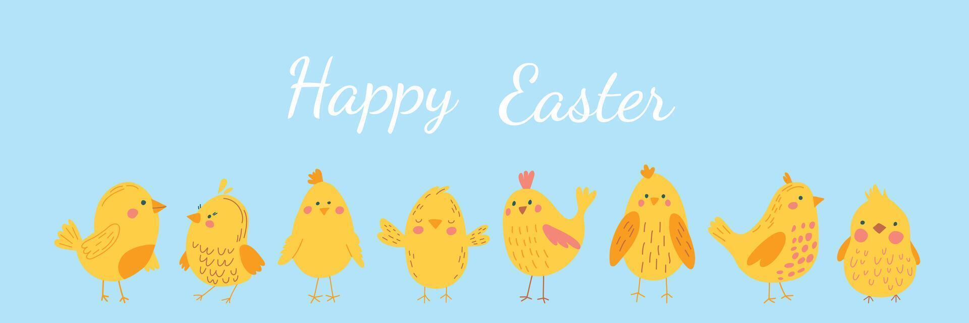 Happy Easter template with Cute cartoon chicken set. Funny yellow chickens in different poses vector