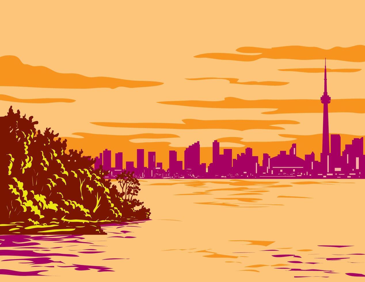 Toronto Skyline Viewed from Toronto Island Park on Lake Ontario Canada WPA Poster Art vector