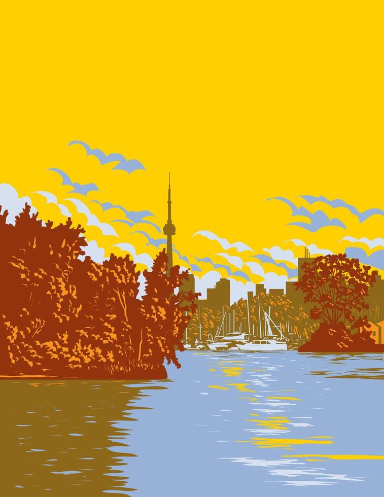 Toronto Island Park with Toronto skyline on Lake Ontario Canada WPA Poster Art vector