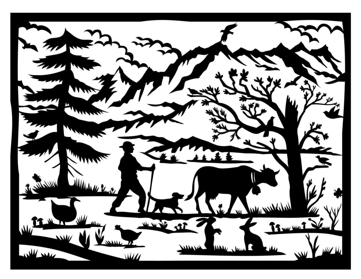 Swiss Alps with Farmer Dog and Cow Fir Tree Swiss Scherenschnitt Paper Cut Style vector