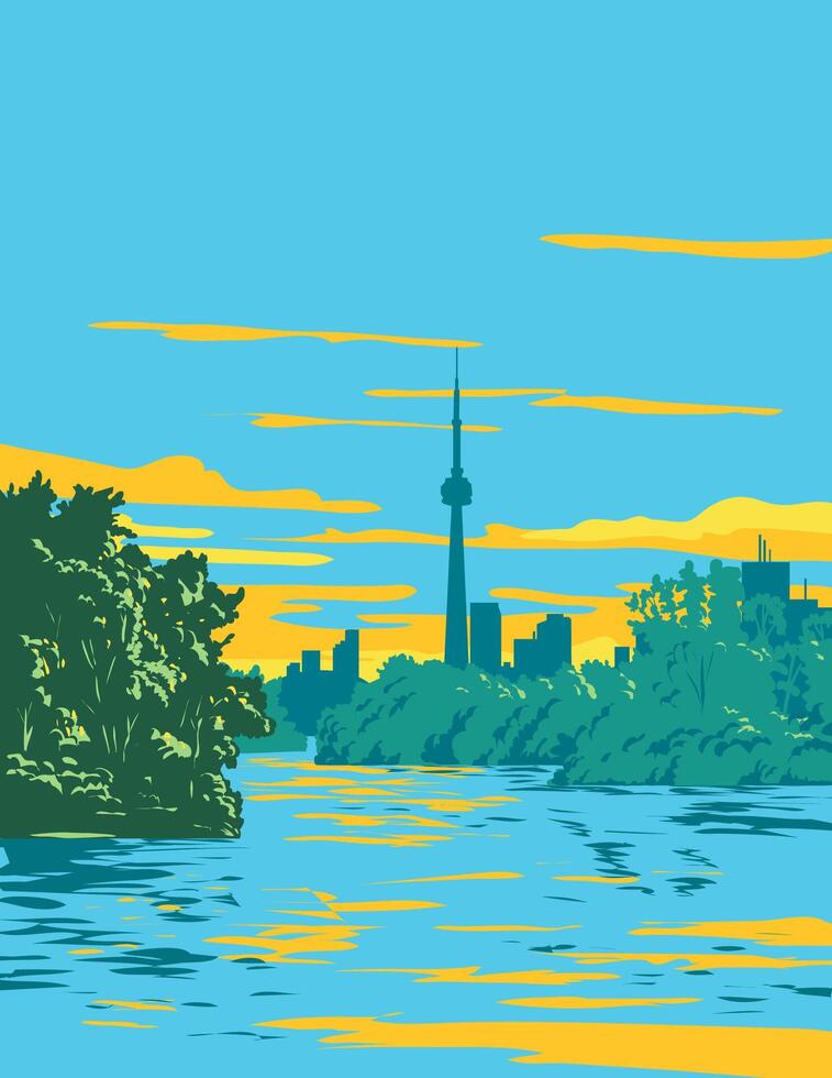 Toronto Island Park with Toronto skyline on Lake Ontario Canada WPA Poster Art vector