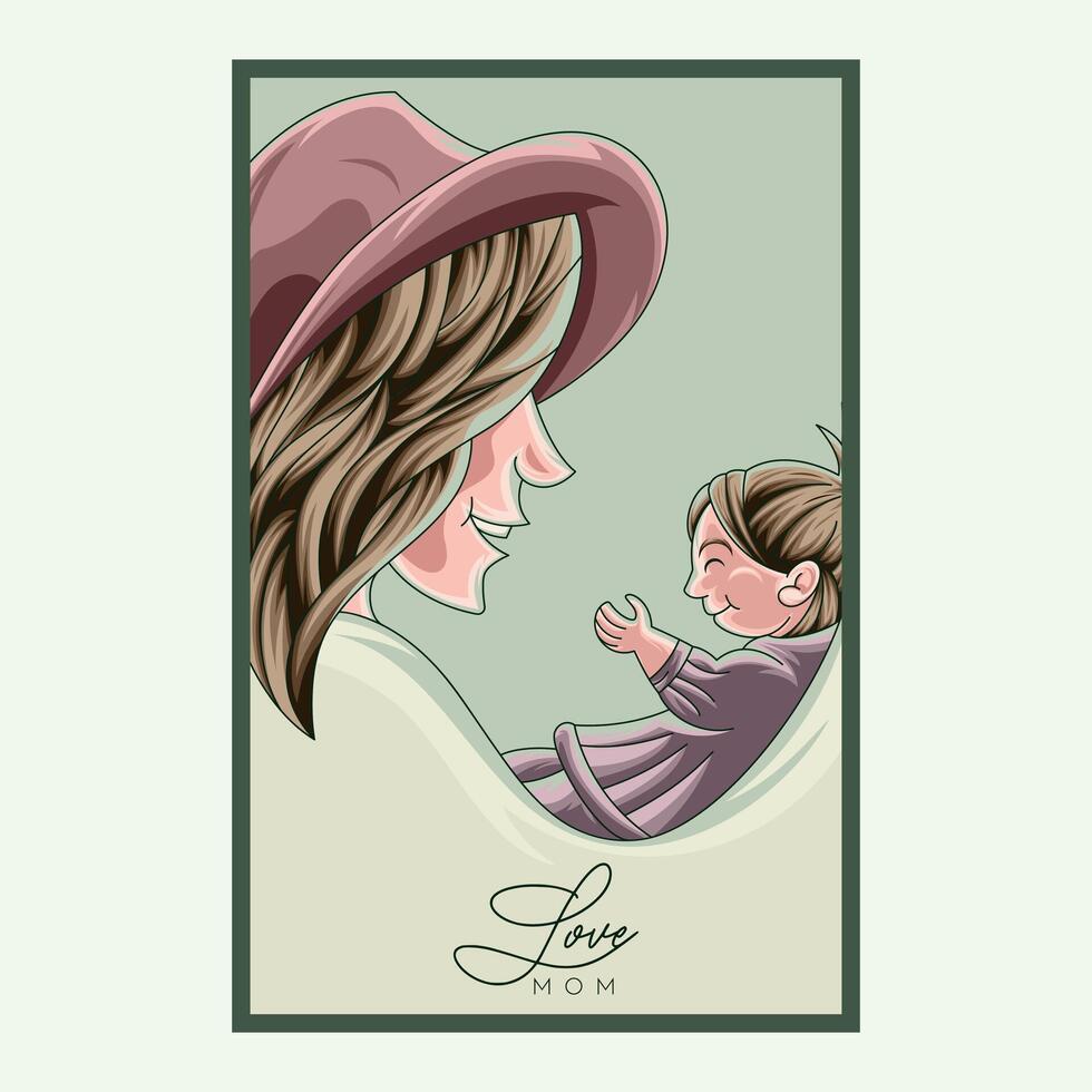 mom with a hat carrying her daughter, vector illustration for Mother's Day poster in artistic and subtle style