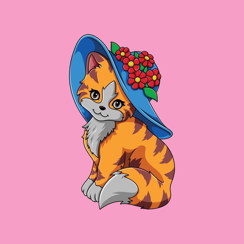 Print Cute cat wearing a beautiful hat, suitable for children's t-shirts, stickers, and mascot logos vector