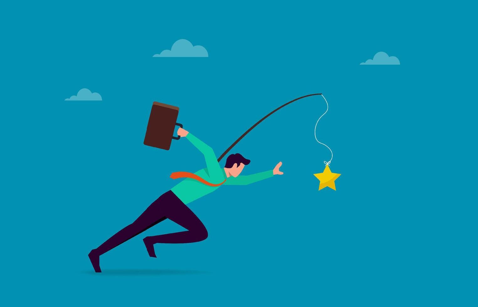Ambitious businessman running with carrot stick trying to grab star prize award, motivation to success, incentive or reward to motivate employee, chasing for reward symbol vector