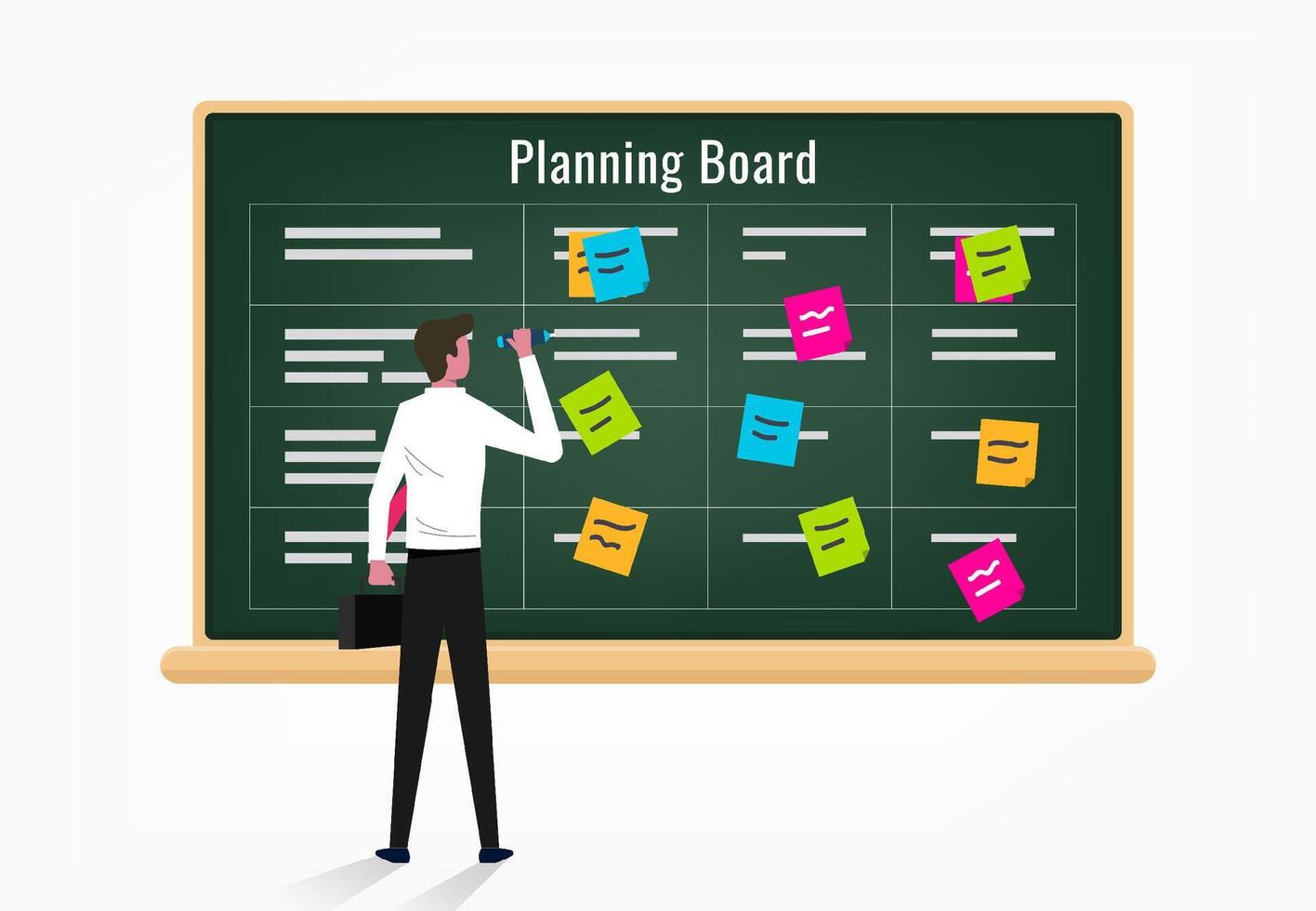 Creative business man organizing ideas and posting them on the blackboard, scrum methodology task board full of tasks on sticky note cards vector