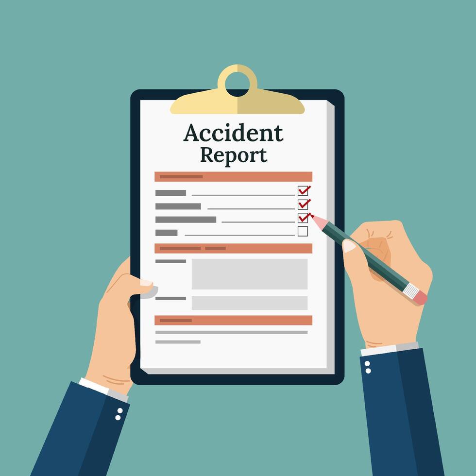 Accident report form, a man write application form for the document, pencil and clipboard in hand vector