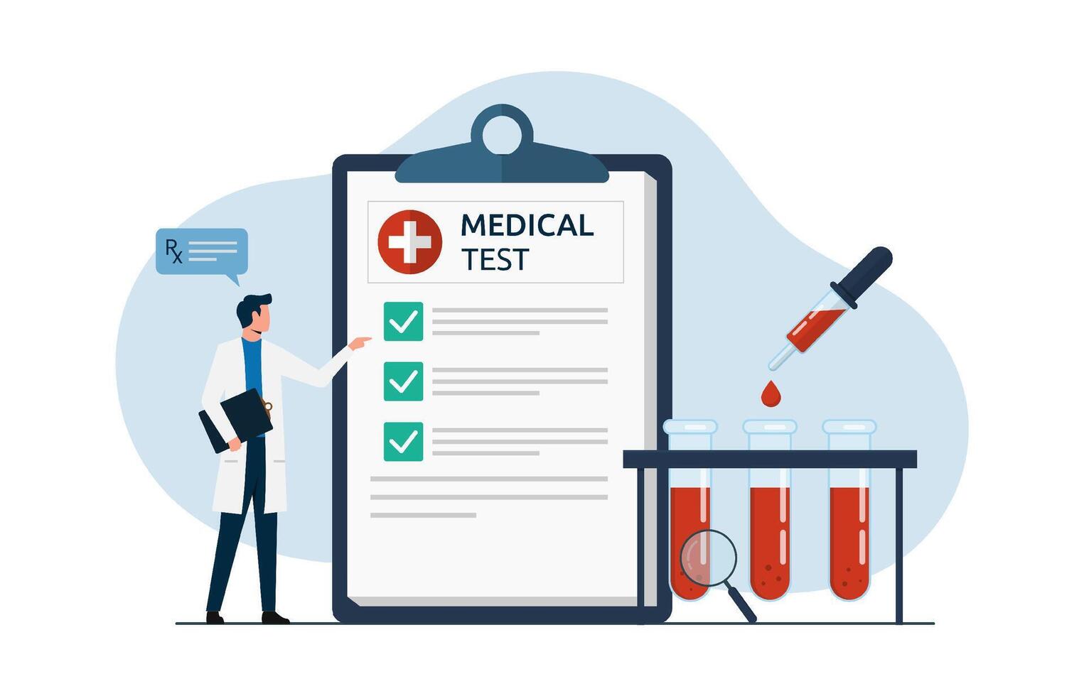 Medical test or blood check concept with blood test tube container and medical lab analysis form, doctor or healthcare taking blood sample and gives prescription drugs vector