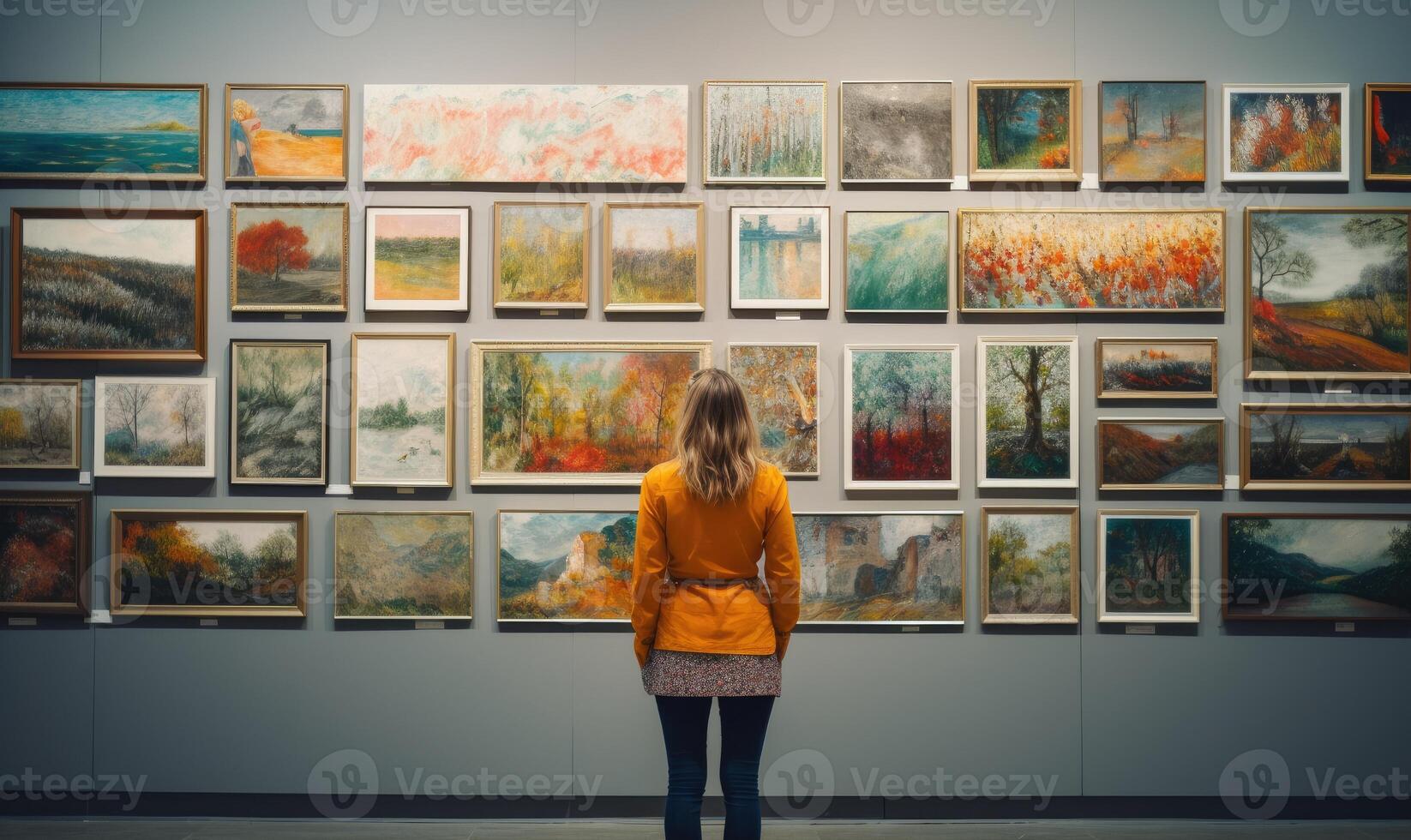 ai generado foto de un mujer apreciando Arte en un galería