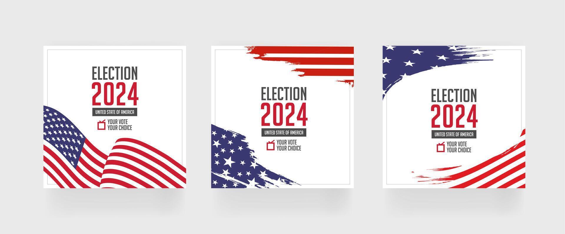 elección 2024 cuadrado enviar plantilla, conjunto de social medios de comunicación enviar para presidencial votar 2024 de unido estados, eps vector ilustración.