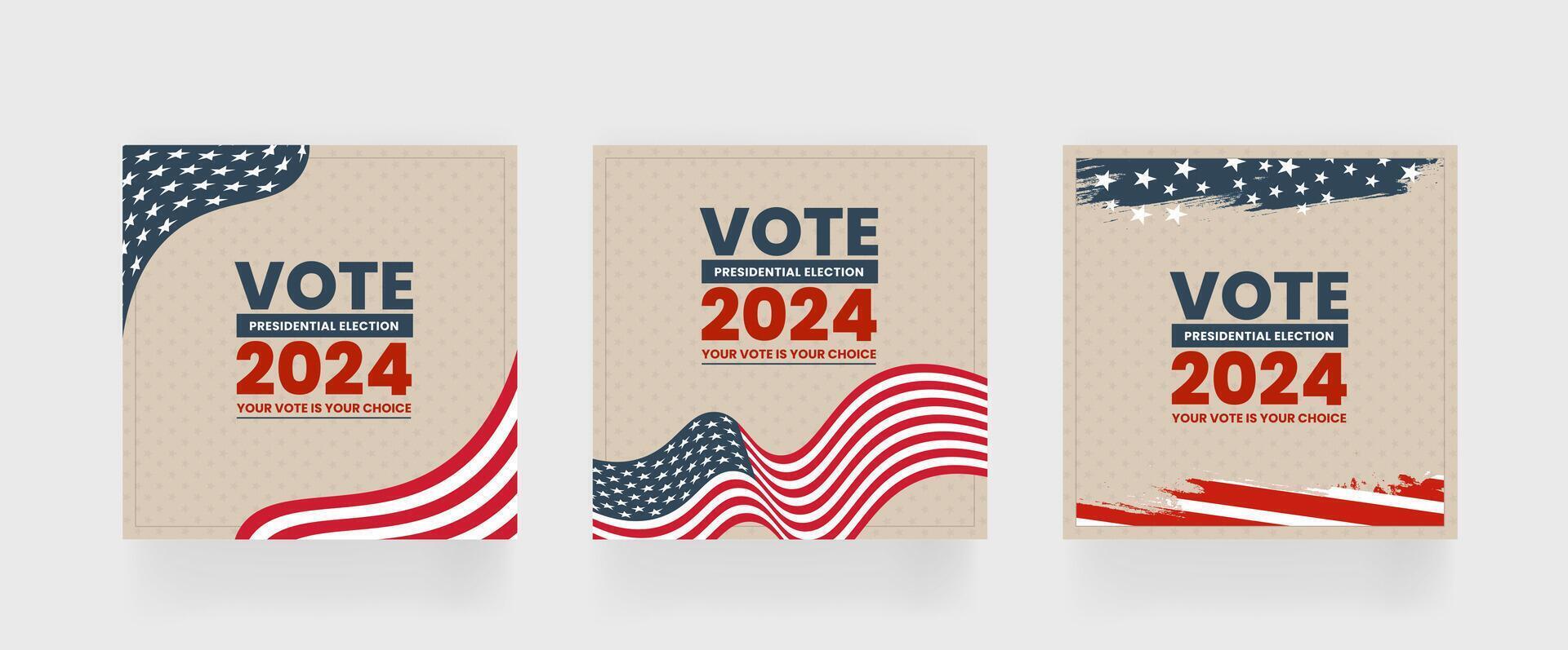 Election 2024 square post template, set of social media post for presidential vote 2024 of United States, eps vector illustration.