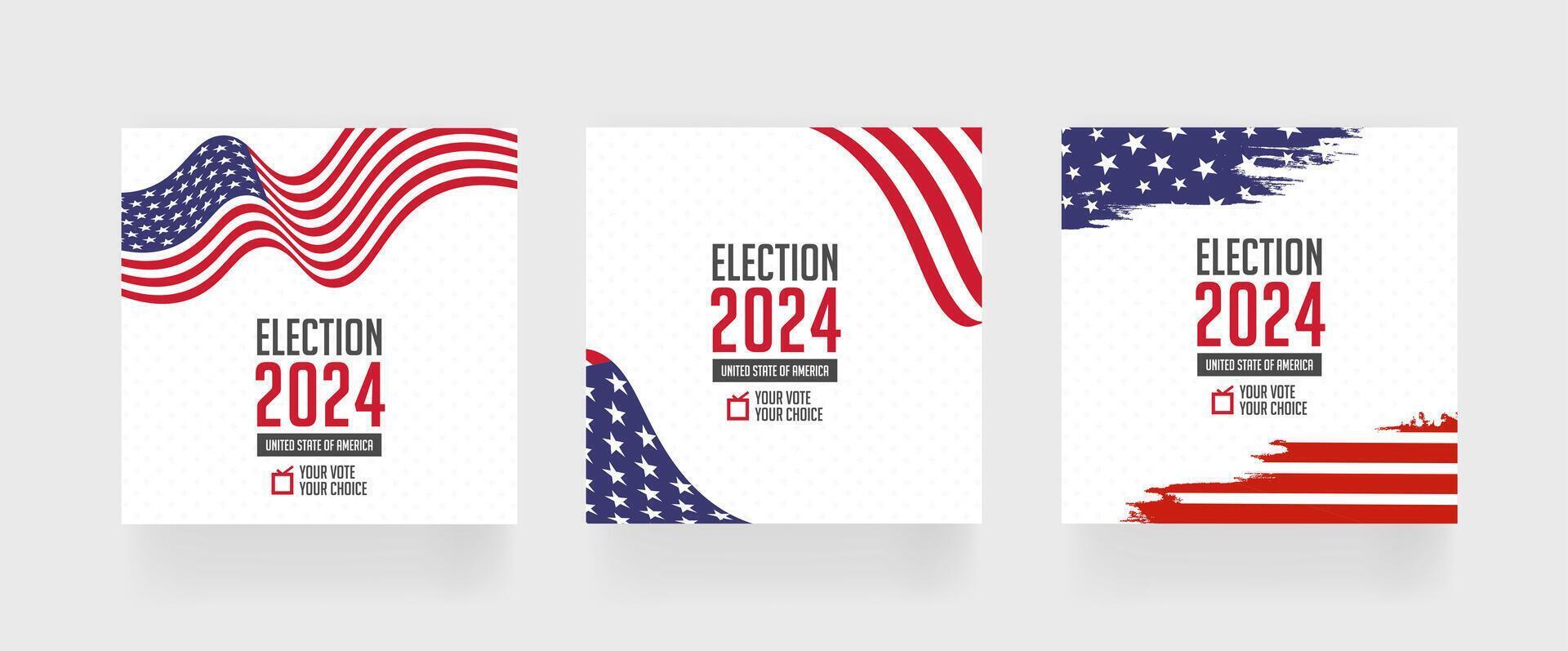 Election 2024 square post template, set of social media post for presidential vote 2024 of United States, eps vector illustration.