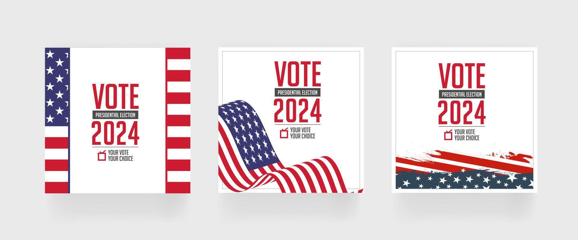 Election 2024 square post template, set of social media post for presidential vote 2024 of United States, eps vector illustration.