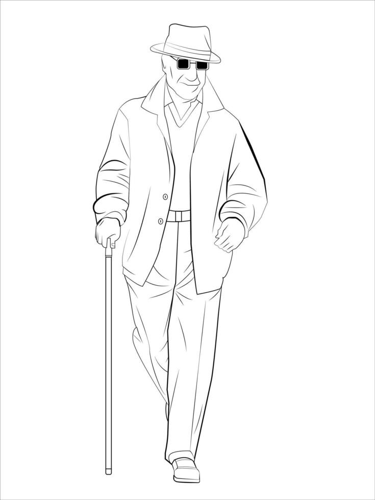 elderly man with a cane line art vector