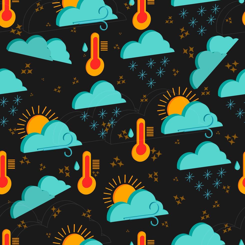 Seamless pattern of isolated 3d weather icons on dark gray background vector