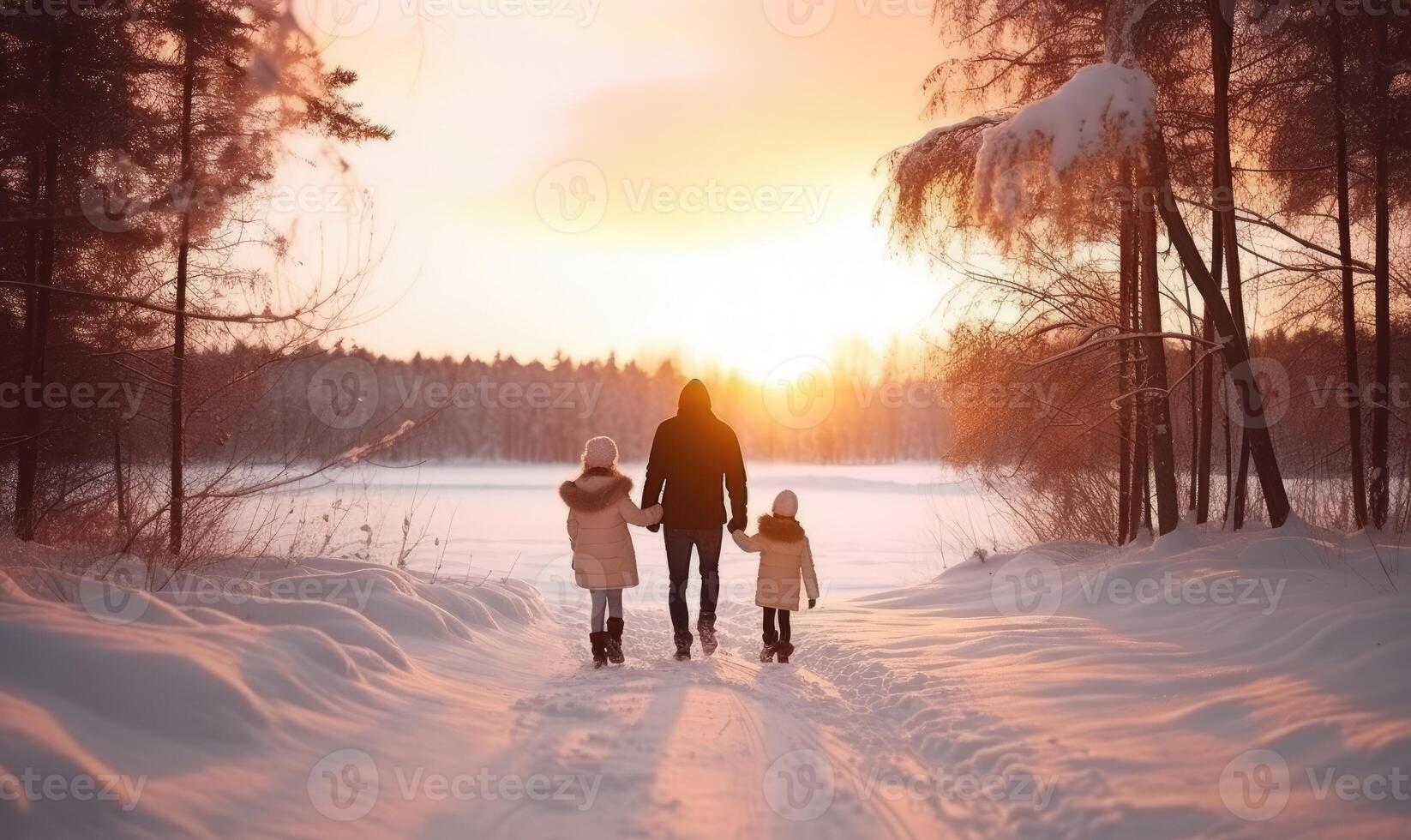 AI generated Winter Wonderland A Father and His Kids Strolling Through the Snow photo