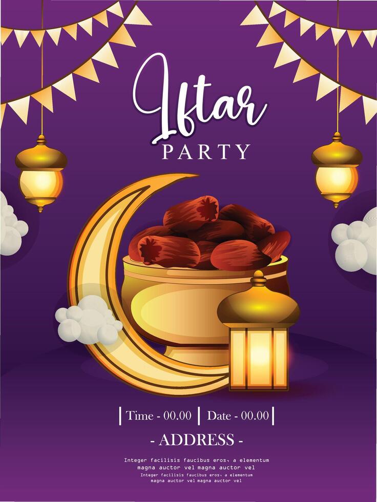 Iftar Party invitation. Text translation Generous Ramadan. Greeting banner Ramadan Kareem with ancient lantern and dried dates. Vector. vector
