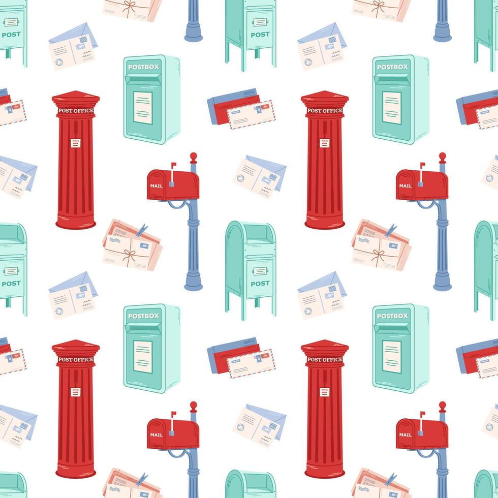 Mailing seamless pattern. Different postal letterboxes, postboxes, mailbox for delivery envelopes, parcels. Hand drawn vector illustration.