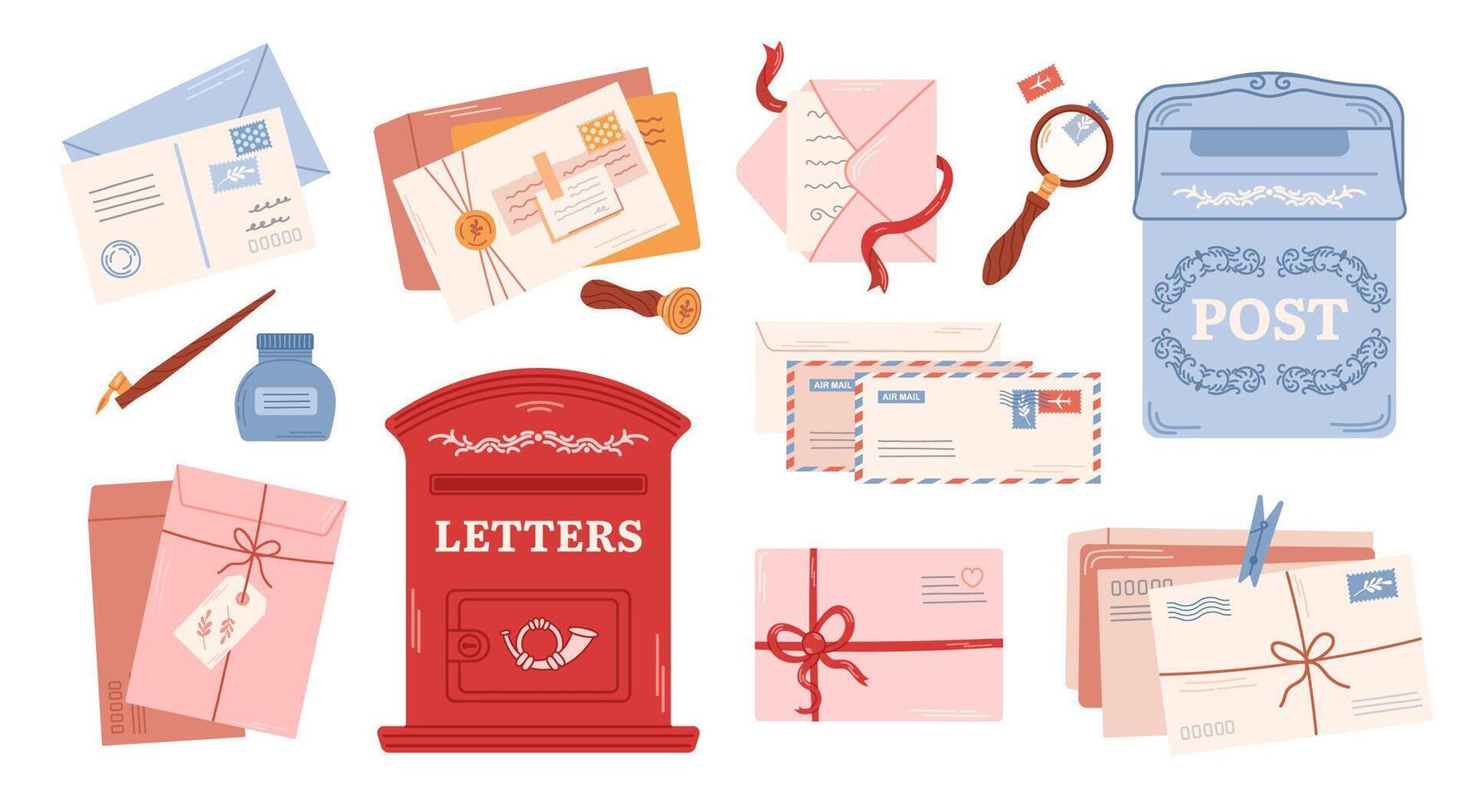 Craft envelopes, handmade cards. Stamps and postal stationery. Different retro postboxes. Delivery, message, communication concept. Set of isolated vector illustration.
