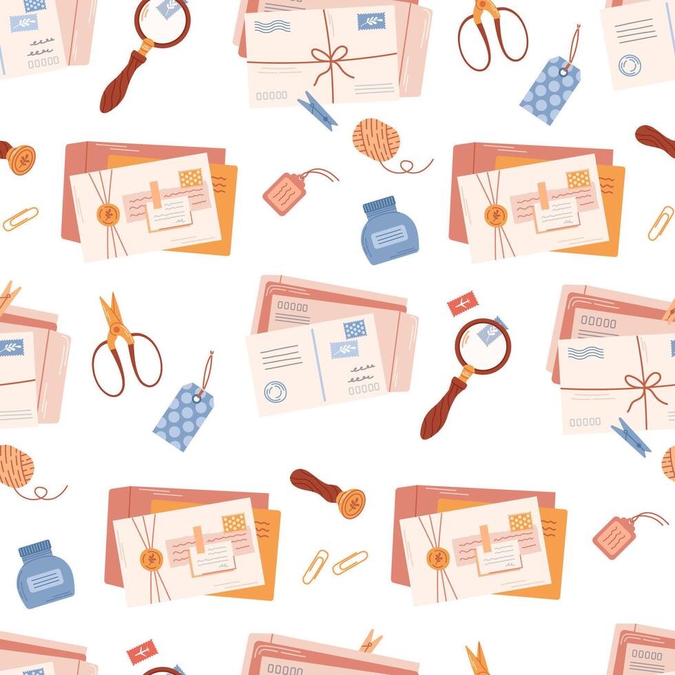 Craft envelope, letter, postcard. Mailing seamless pattern. Look at postage stamps under a magnifying glass. Collecting postage stamps, hobby. vector