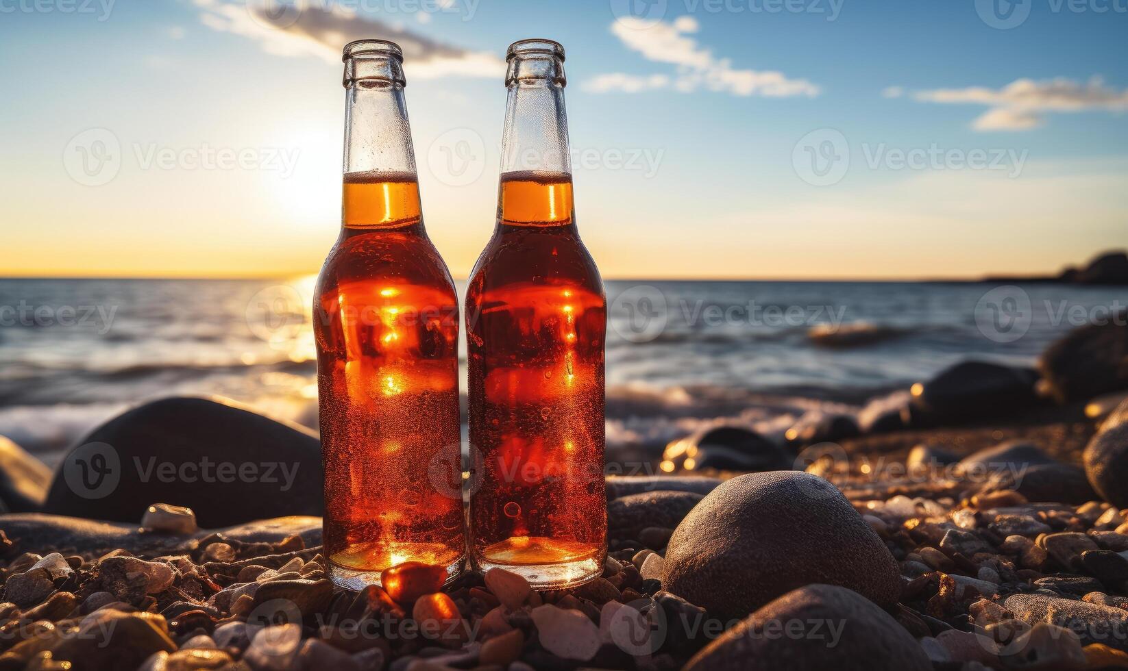 ai generado dos refrescante botellas de cerveza disfrutando el sereno rocoso playa foto