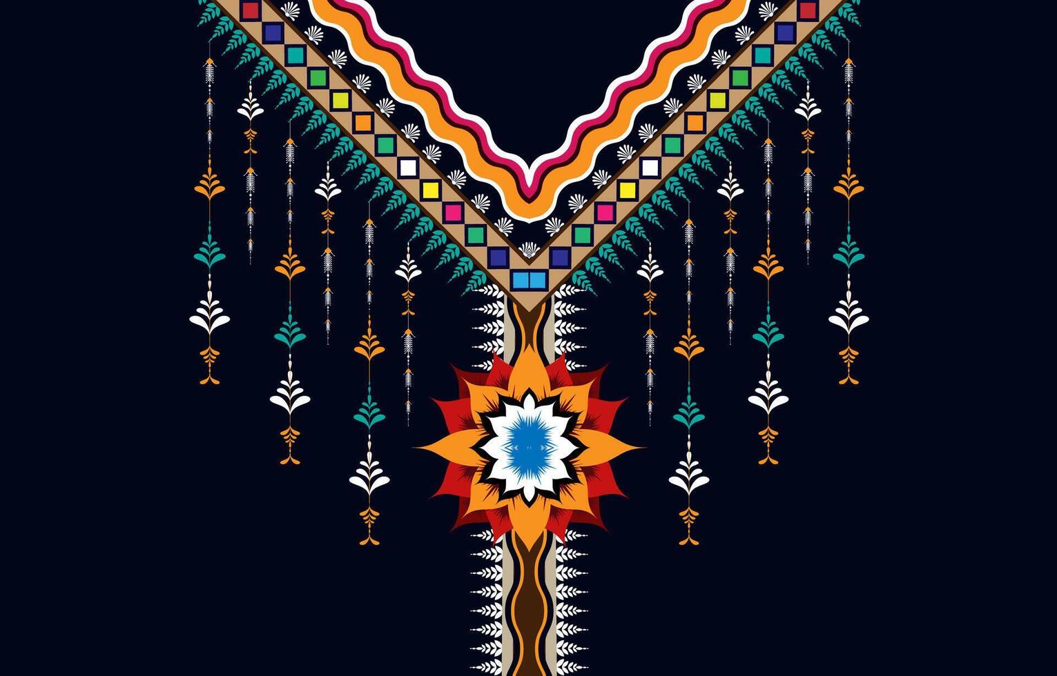 Embroidery pattern with beautiful colorful flowers for neckline.  Floral design for fashion blouses and t-shirts.  Ethnic embroidered ornament. vector