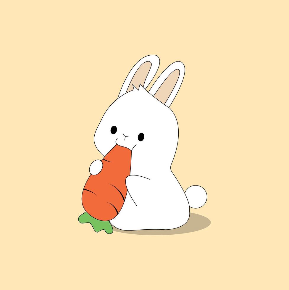 Cute White Rabbit Eating a Carrot, Cartoon vector illustration.