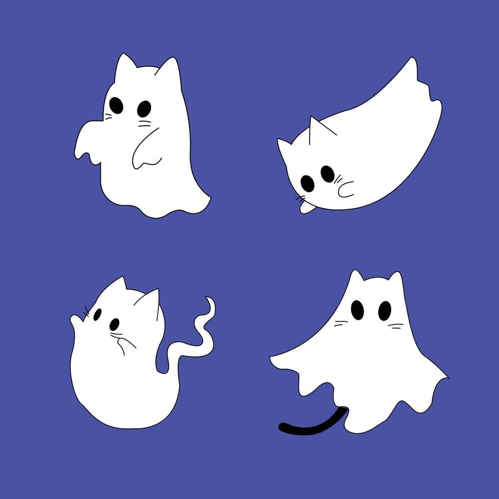 Cute ghosts set. Vector isolated illustration of funny, adorable ghost, symbol of October holiday Halloween. Fantasy monster saying Boo. Smiling creature.