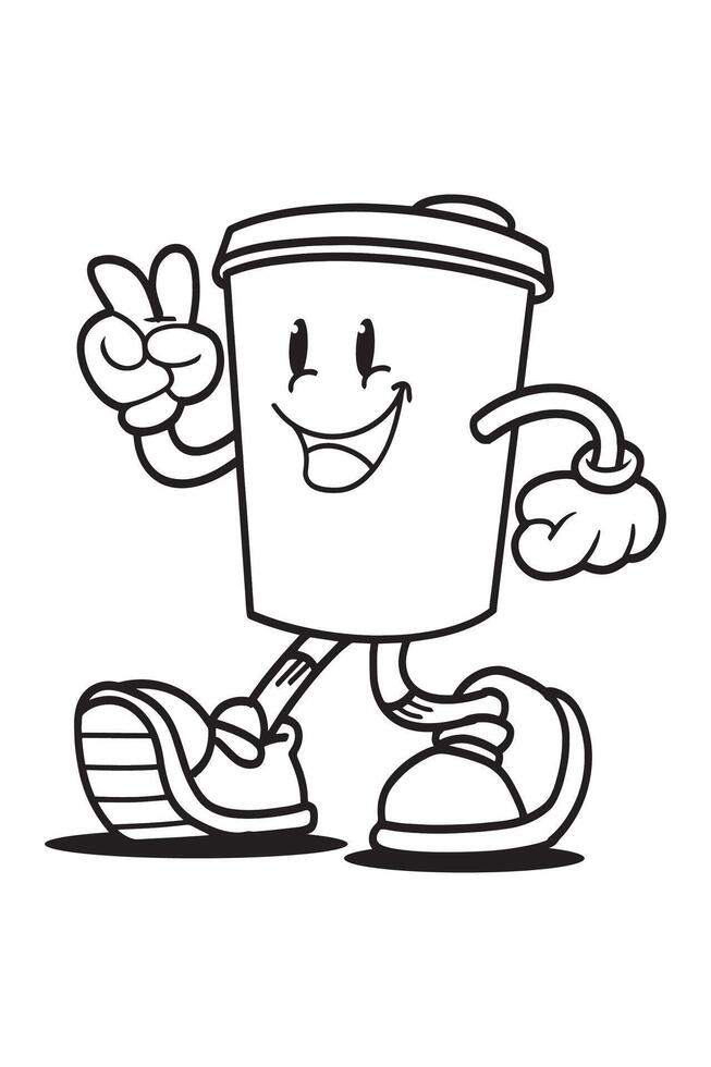 illustration vector graphic of retro cartoon coffee mascot with outline style perfect for coloring page