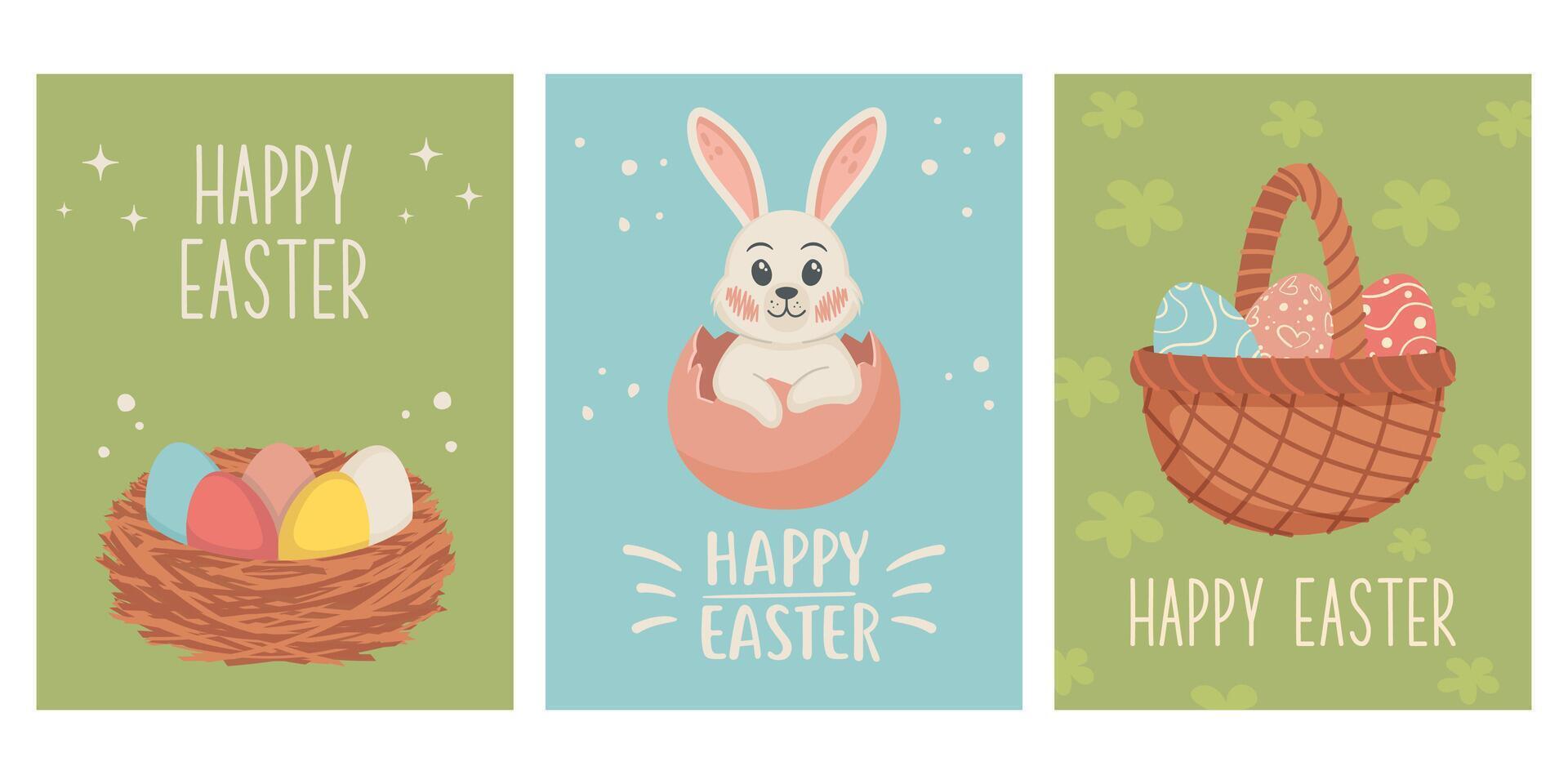 linda conjunto de Pascua de Resurrección tarjetas primavera colección de animales, flores y decoraciones para póster, tarjeta, álbum de recortes, pegatinas vector