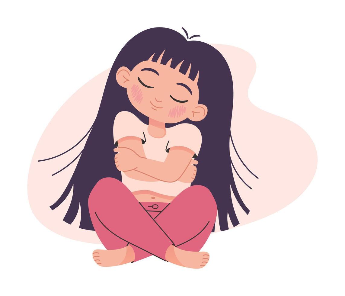 sentado niña abrazando sí misma, con ojos cerrado, mentalmente calma, ilustración aislado en blanco vector