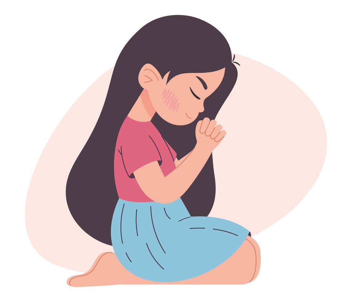 Girl kneeling praying, illustration isolated on white vector