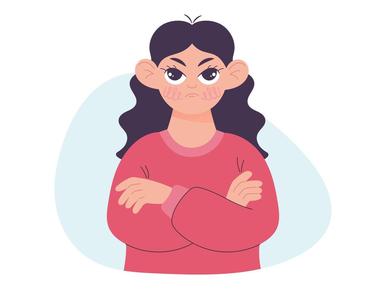 niña mirando con un enojado mirar, manos doblada, vector ilustración